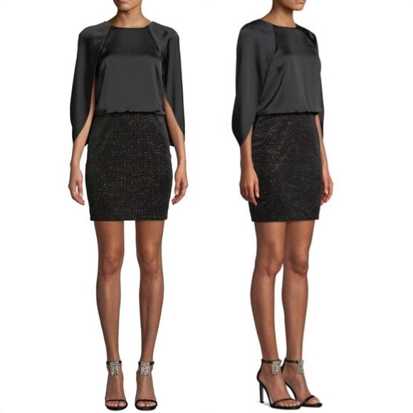 Aidan Mattox Womens Black Charmeuse Capelet Cocktail Dress Glitter Dot size 10 - Picture 1 of 15